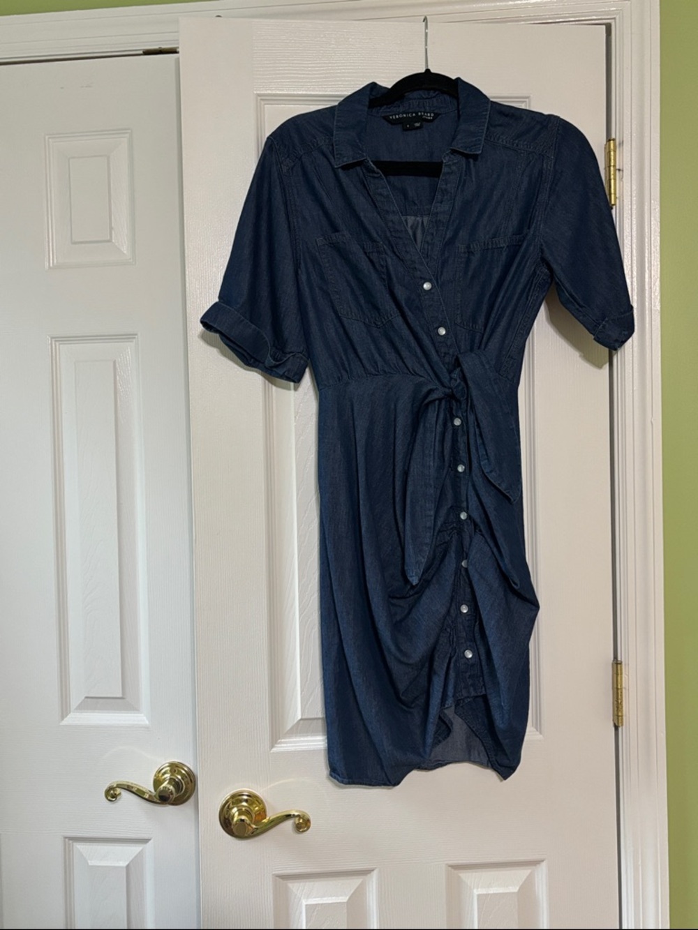 Veronica Beard Dark Navy Button-Front Midi Shirt Jean Dress with Tie Waist